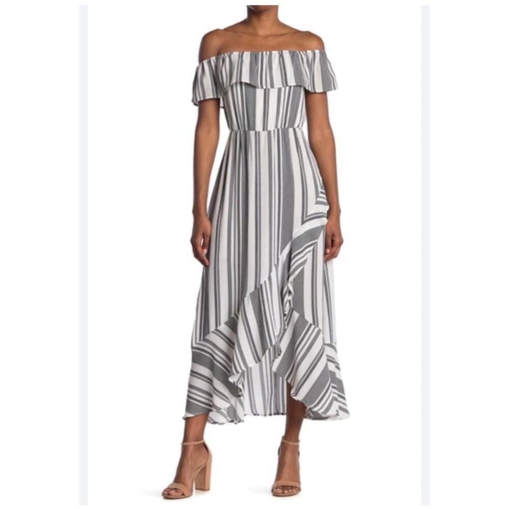 Bailey blue Off-Shoulder Striped Maxi Dress in White and Gray